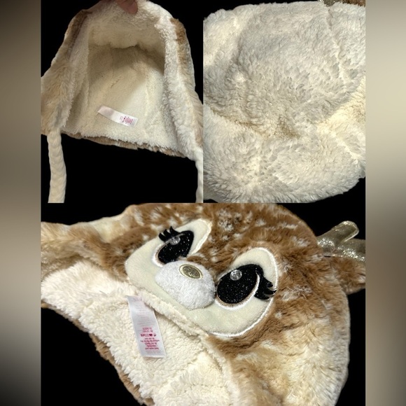 JUSTICE Girl's Deer Earflap Beanie Hat with Matching Gloves Set Cream One Sz EUC - Picture 4 of 15